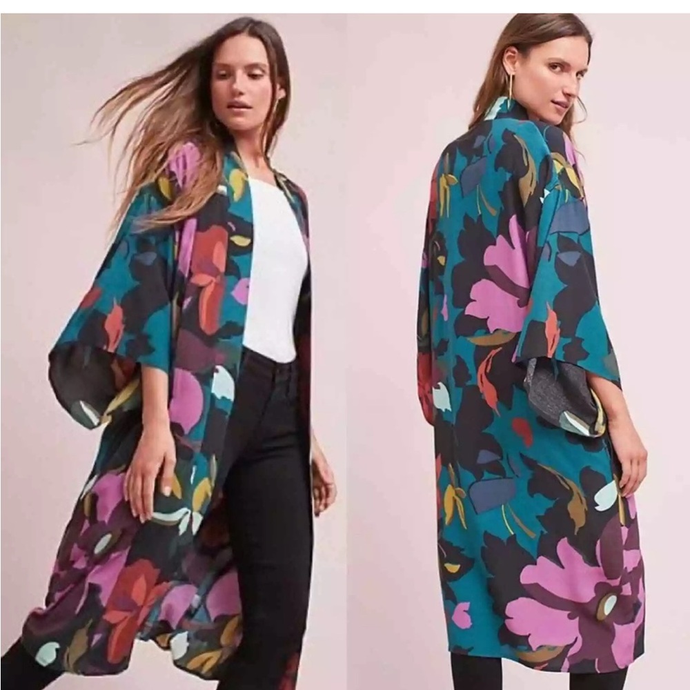 Anthropologie MAEVE Kimono Open Jacket Duster Womens M/L KIRA Floral Tropical